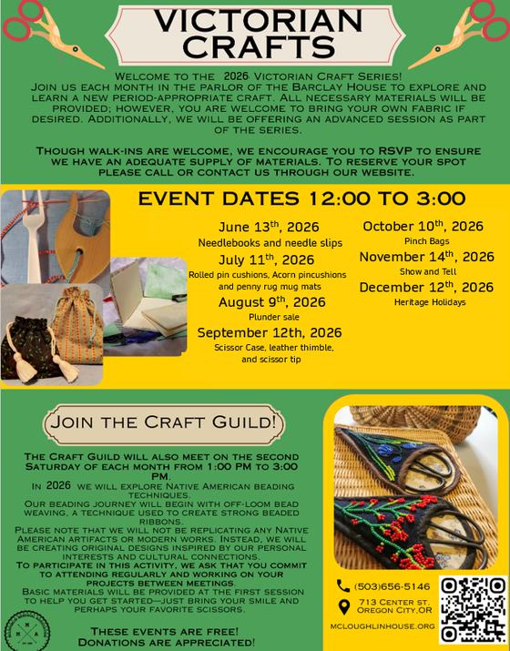 The association's 2026 Victorian Crafts flyer, listing craft dates from June through December alongside photographs of finished needlebooks and beaded work.